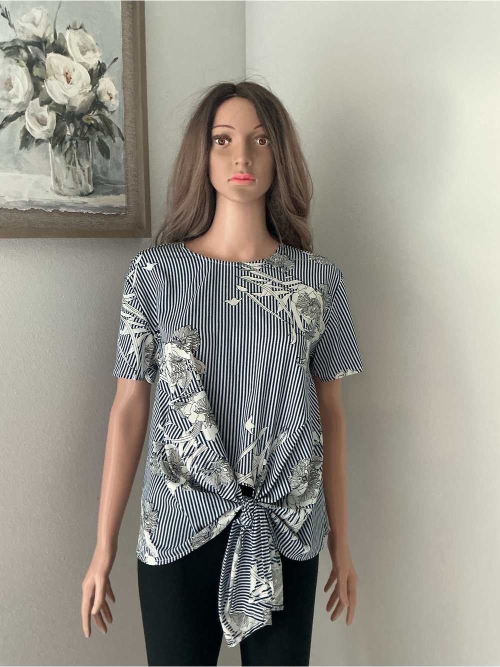 Style Envy Navy & White Striped Tie-Front Floral Tee